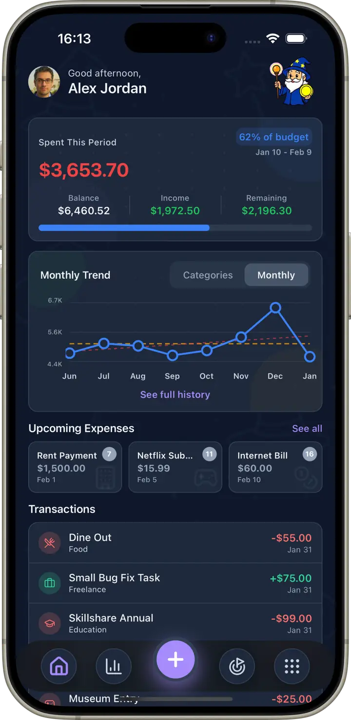 Wizpend dashboard in dark mode