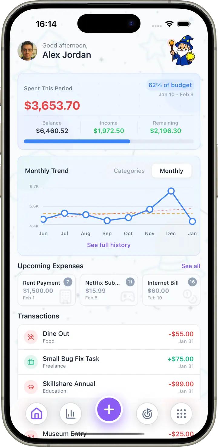 Wizpend dashboard showing balances, budgets, and recent activity